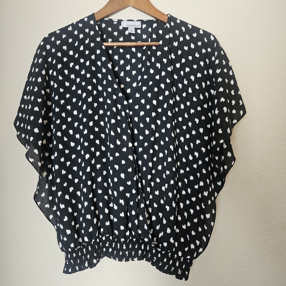 Allison Joy Wrap Front Blouse Womens Small Black White Abstract Made In The USA